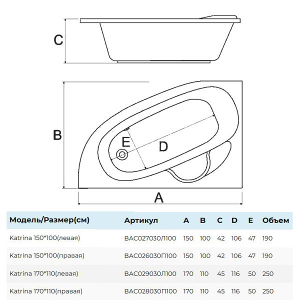 Ванна Katrina асимметричная левая 150х100 