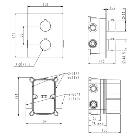 NEMO NM-2358BGM Термостатический встраиваемый смеситель для душа из стены на 2 потребителя, BRUSH GU 