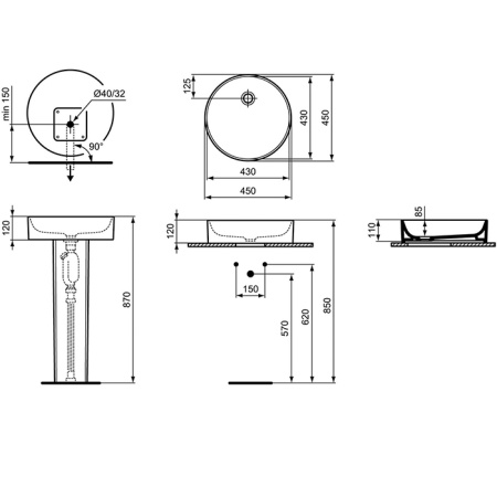 Ideal Standard Conca Раковина d450хh120 мм круглая, накладная, без перелива и отв. под смес., с крепежом, цвет: белый матовый 