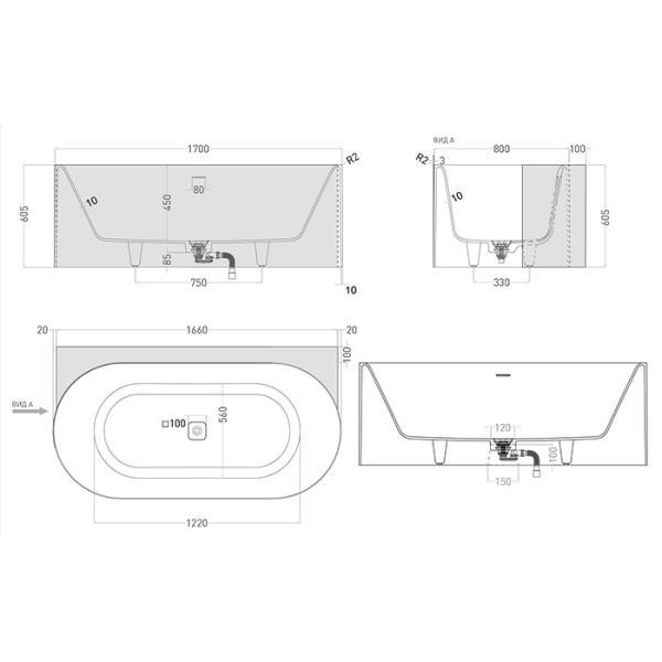 Salini Perla W Ванна S-Stone 170x90x60см пристенный вариант, интегрированный слив-перели, донный клапан, сифон, ножки , цвет белый матовый 