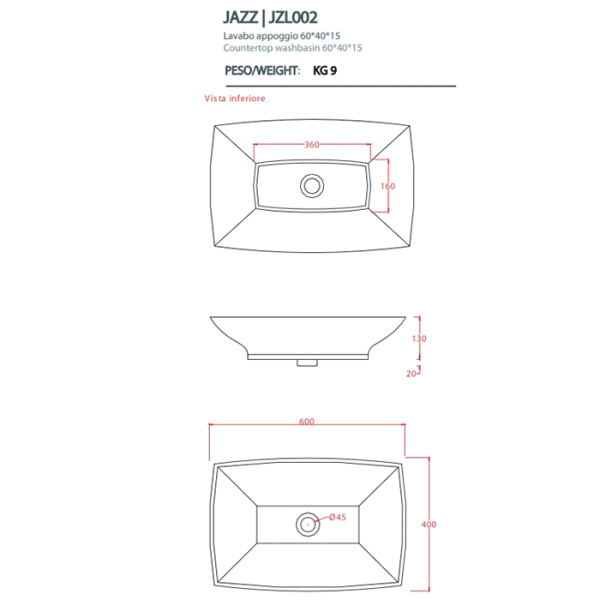 Artceram JAZZ раковина накладная без отверстий под смеситель 60х40см, цвет белый матов (НЕ производится) 