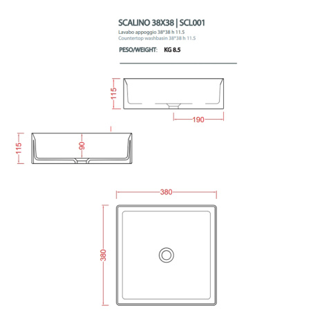 Artceram SCALINO Раковина накладная 38х38 см, без отв под смеситель, без слив перелива, цвет petrolio (не производится) 