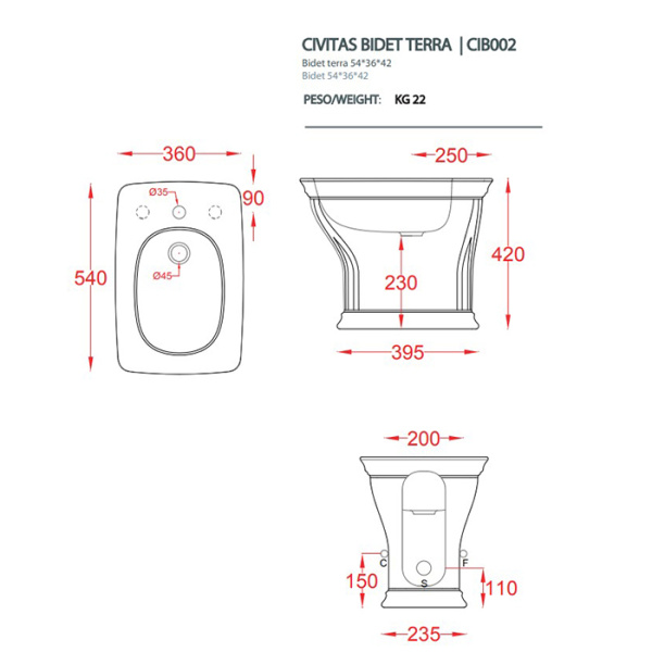 Artceram CIVITAS  Биде напольное  36х54 см, с 1 отв под смес, цвет белый (крепится на силикон) 