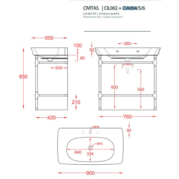Artceram CIVITAS Структура металлическая Quadra для раковины 90см, цвет хром 