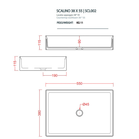 Artceram SCALINO Раковина накладная 38х55 см, без отв под смеситель, без слив перелива, цвет notte (не производится) 
