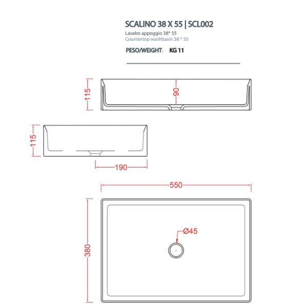 Artceram SCALINO Раковина накладная 38х55 см, без отв под смеситель, без слив перелива, цвет notte (не производится) 