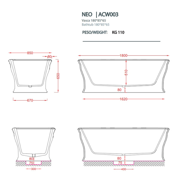 Artceram NEO Ванна отдельностоящая, 180х85хh65см, с переливом и слив.крышкой, Livingtec  (с сифоном ACA062), цвет: черный глянцевый 