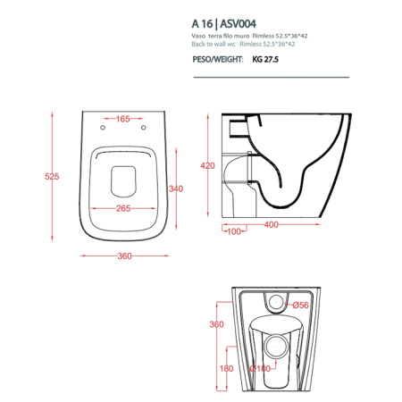ARTCERAM A16 Унитаз напольный 360х520 мм., приставной, безободковый, в комплекте с крепежом, цвет белый глянцевый, декор Cementina 