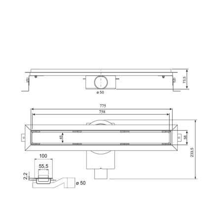 Plumberia Selection Трап душевой PS IN-TILE 6x80 2устор. накладка из нерж.стали, комбинир.затвор с горизонт. Выпуском Ду 50мм,40л/мин, черн.матов. 
