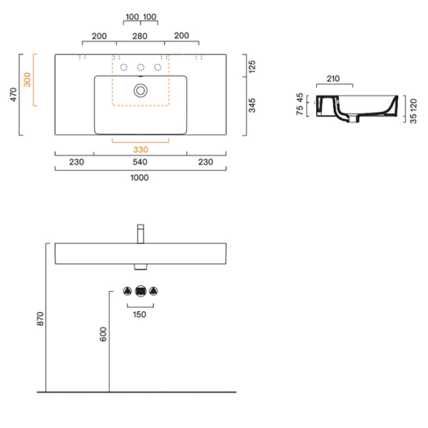 Catalano PREMIUM Раковина 100x47 чаша в центре, без отв. под смеситель, покрытие Cataglaze+, цвет белый глянцевый 