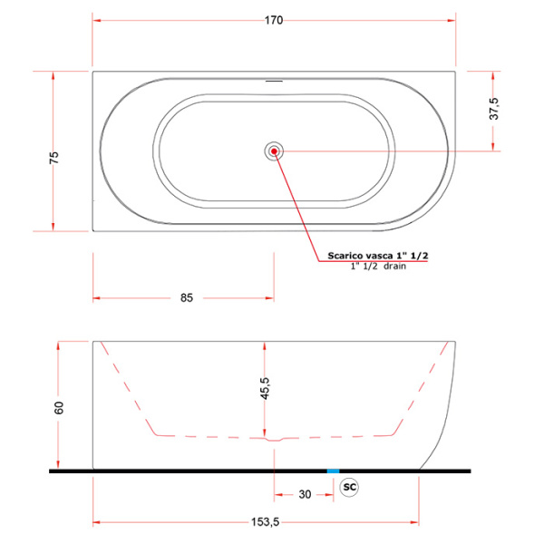 Gruppo Treesse Cora Ванна 170x75x60h см акриловая пристенная в левый угол, белая матовая 