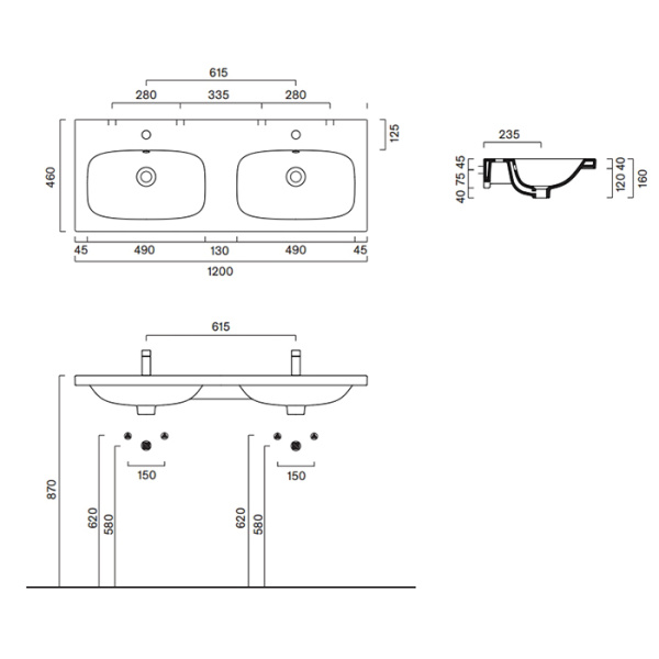 Catalano ALVEA Раковина 120x46 двойная, с 2 отв. под смеситель, покрытие Cataglaze+ , цвет белый глянцевый 