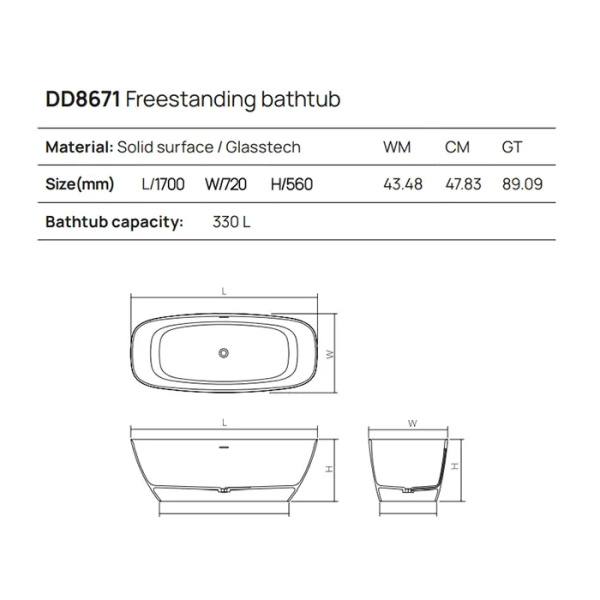 DEA DESIGN Edge Ванна отдельностоящая 170x72xh56 см, материал: Solid Surface искуственный камень, цвет: Black №16 