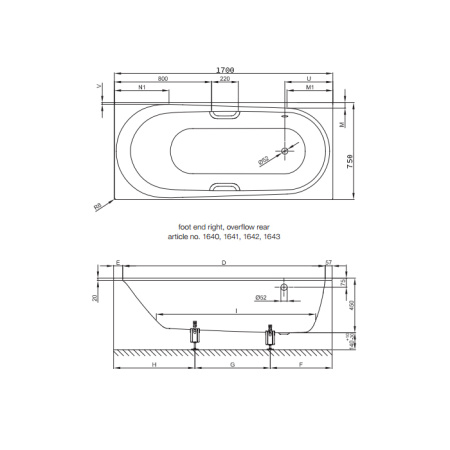 BETTE Comodo Ванна 170х75х45 с шумоизоляцией,  область ног ванны справа, перелив сзади (для удлиненного слив-перелива) белая 
