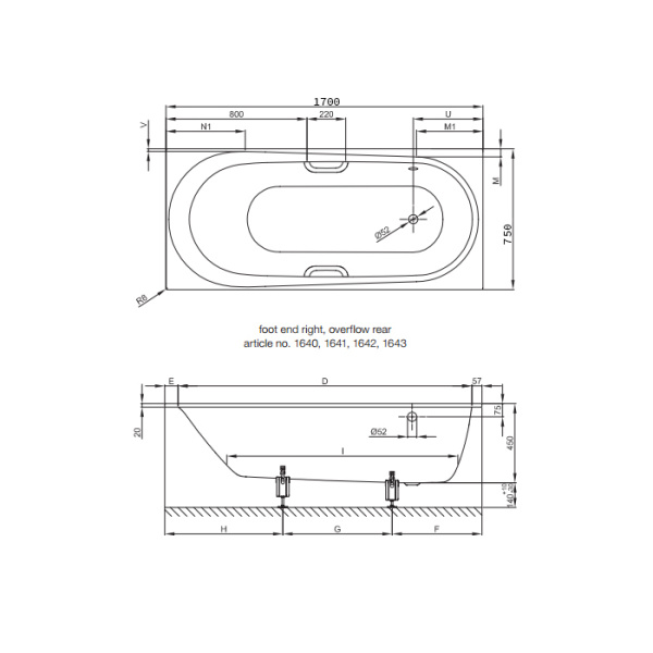 BETTE Comodo Ванна 170х75х45 с шумоизоляцией,  область ног ванны справа, перелив сзади (для удлиненного слив-перелива) белая 