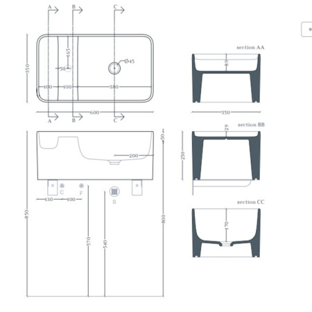 ARTCERAM BROOKLYN Раковина накладная 60х35х25 мм, без отв под смеситель, цвет белый+покр SANIGLAZE 