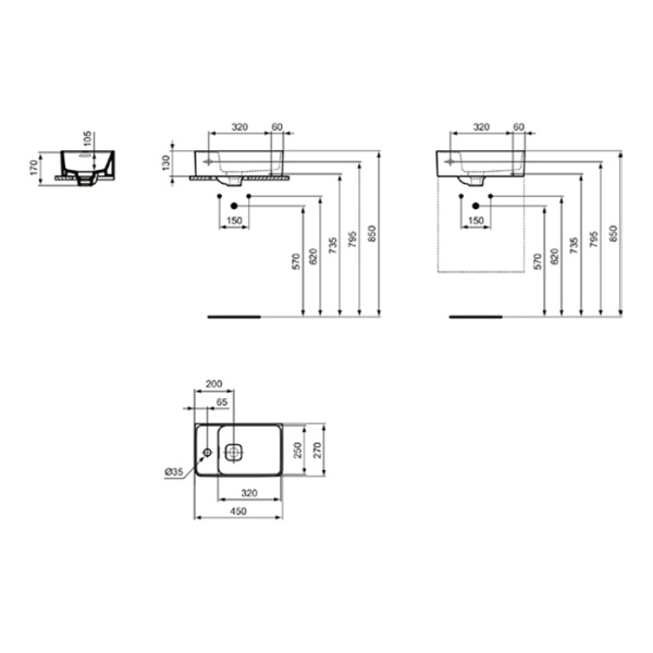 Ideal Standard Strada 2 Guest Раковина 450х270 мм, подвесная, с отв. под смес. слева , с крепежом и керам крышкой, цвет: белый глянец 