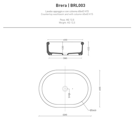 Artceram BRERA Раковина накладная 60х40 h 15, без отв под смеситель, цвет белый глянцевый 