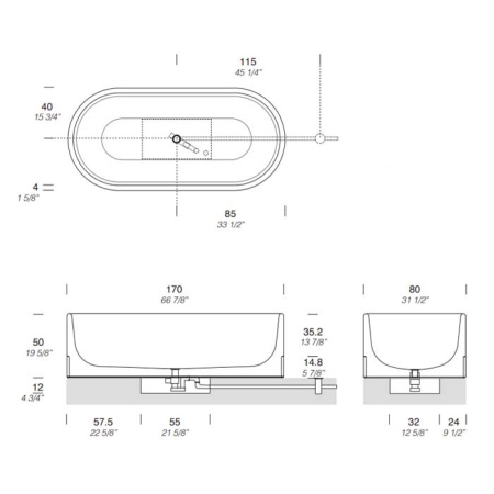 NOORTH milldue edition ROMA Ванна отдельностоящая 1700x800х500 мм., без перелива, с сифоном, цоколь Grafite, отделка Bianco Carrara 