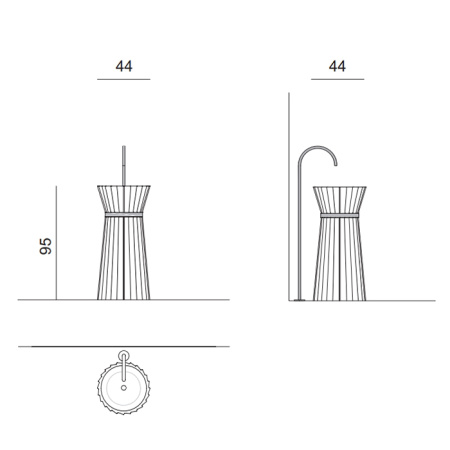 OASIS PLISSE Раковина напольная Ø440х950 мм, без отв. для смесителя, без перелива, c донным клапаном, кольцо золото, цвет белый (упаковка-3-х коробки) 