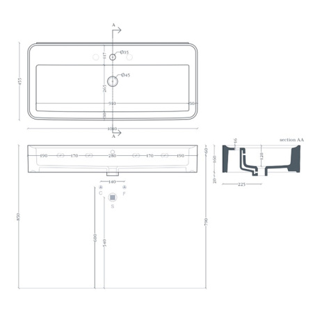 Artceram RODOLFO 100  Раковина накладная/подвесная  100х45 см, с 1 отв под смеситель, без слив перелива, цвет белый.+покр SANIGLAZE 