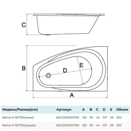 Ванна Baline асимметричная левая 150х90 