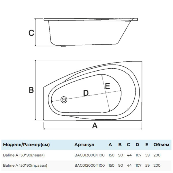 Ванна Baline асимметричная левая 150х90 