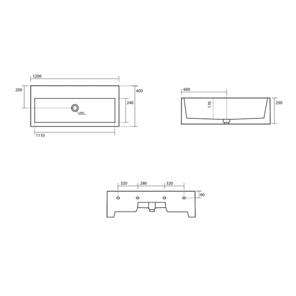 KERASAN KANAAL Раковина подвесная ,с 1 отв под смес, 120х40х25 см, цвет белый глянец 