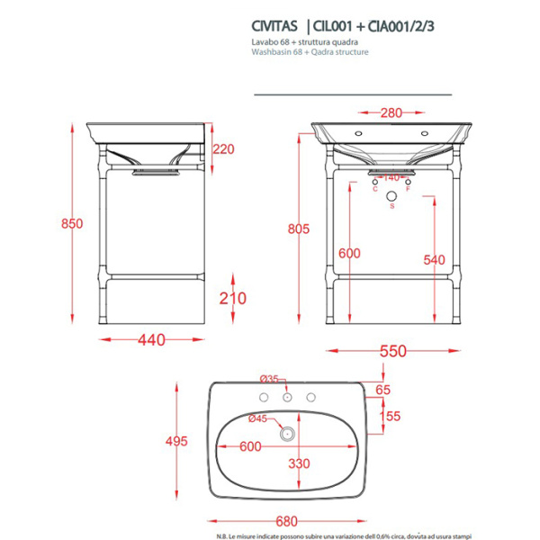 Artceram CIVITAS Металическая структура Quadra 55х44хh80,5см для раковины 68, цвет: хром 