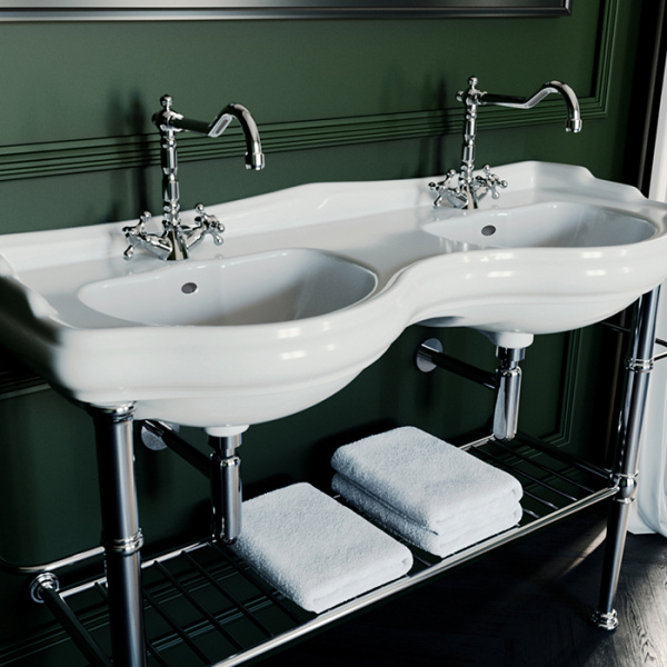 KERASAN RETRO Консоль металлическая на ножках для раковины 120см, с полкой решеткой, с 2-я полотенцедержателями  цвет хром 