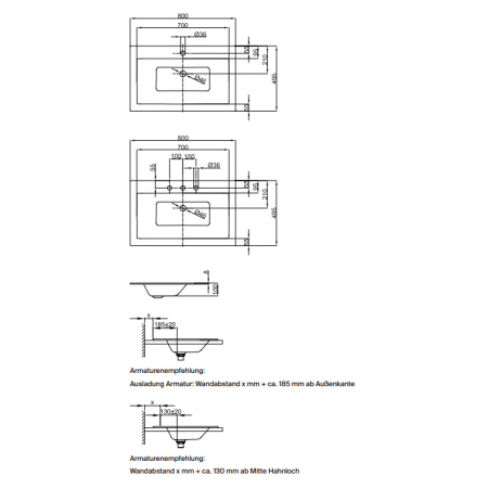 BETTE Loft  Раковина встраиваемая сверху  800х495х100 мм, без перелива, с 1 отв под см. цвет белый 