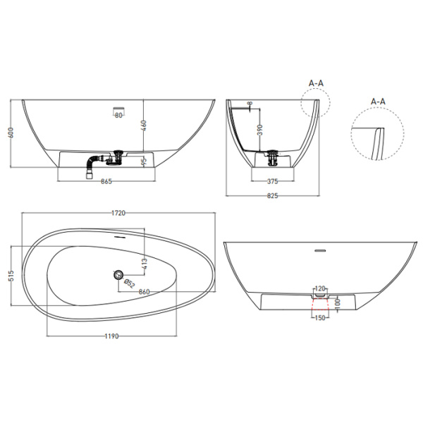 Salini PAOLA  Ванна отдельностоящая 1720х825х600 мм, "Click-Clack" белый, сифон, интегр.слив пер., мат-л: S-Sense, глянцевый, белый 