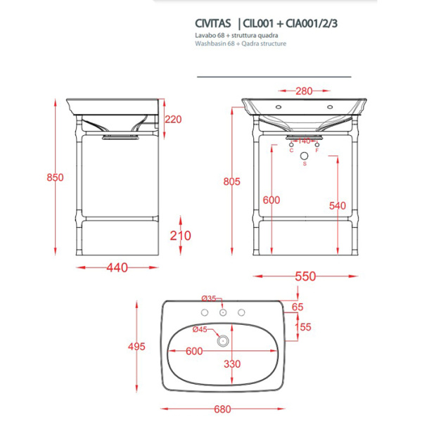 Artceram CIVITAS Структура металлическая Quadra для раковины 68 см, полка сетка, цвет хром 