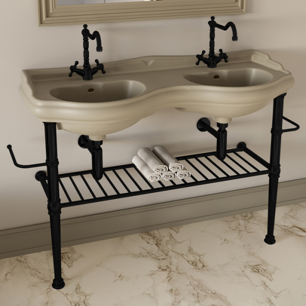 KERASAN RETRO Консоль металлическая на ножках для раковины 120см, с полкой решеткой, с 2-я полотенцедержателями  цвет черный матовый 