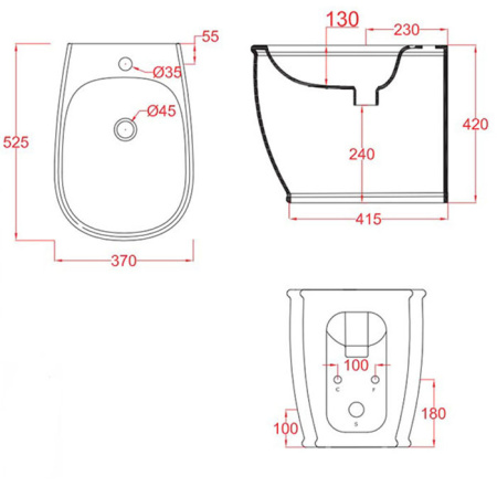 Artceram AZULEY  Биде напольное приставное 36*52см c креплением, с 1 отв под смеситель  цвет черный 