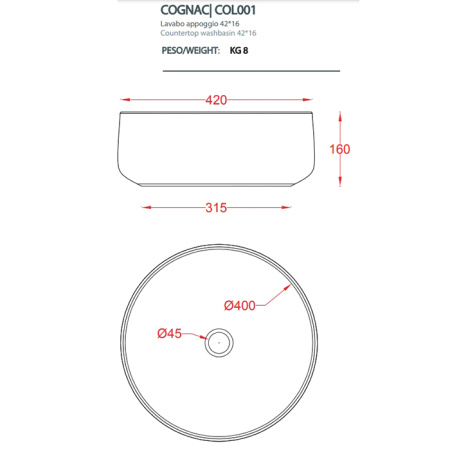 ArtCeram COGNAC Раковина накладная, 42 см, без отв под смес, без слив-перелив, цвет bianco/отделка синтетический бархат цвет testa di moro (НЕ ПР-ся) 