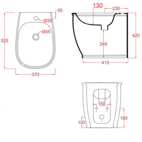 Artceram AZULEY  Биде напольное приставное 36*52см c креплением, с 1 отв под смеситель  цвет черный 