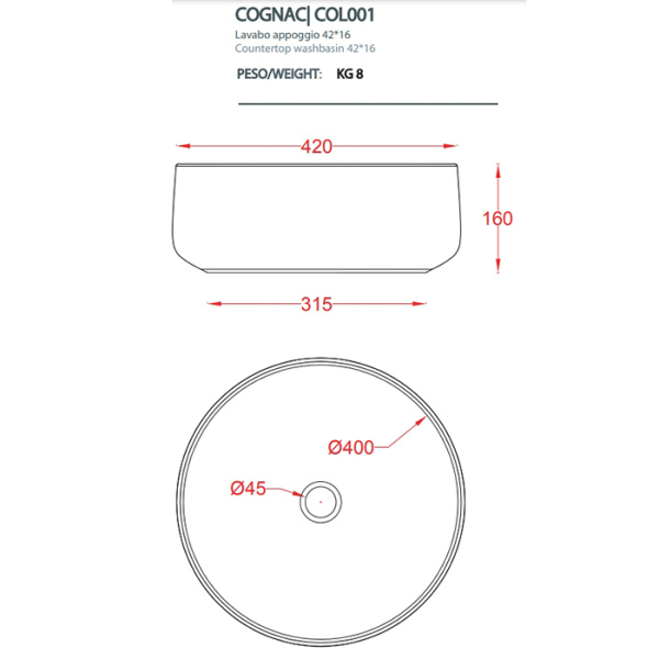 ARTCERAM COGNAC Раковина Ø420 мм., для установки на столешницу, без отверстий для смесителя, без перелива, цвет Rosso corallo, декор lol 