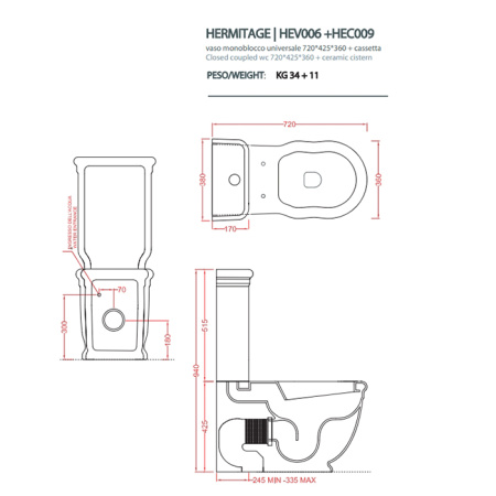 Artceram JAZZ/HERMITAGE Механизм с кнопкой двойного слива для унитаза моноблок, цвет бронза 