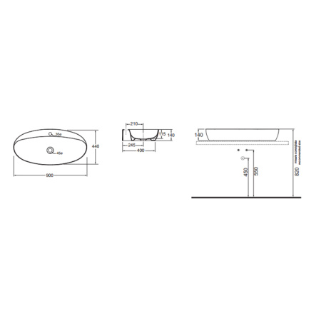 AZZURRA ELEGANCE CIRCLE  раковина накладная 90х44см без отв.  под смеситель , цвет белый 