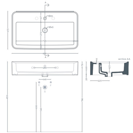 Artceram RODOLFO 80  Раковина накладная/подвесная  80х45 см, с 1 отв под смеситель, без слив перелива, цвет белый.+покр SANIGLAZE 