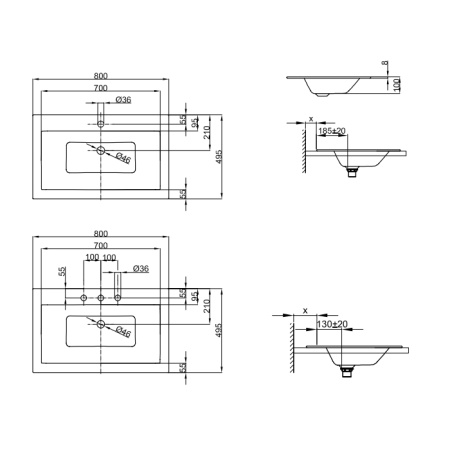 BETTE Loft  Раковина встраиваемая сверху  800х495х100 мм, без перелива, без отв под см. цвет белый (СПЕЦЦЕНА со склада) 