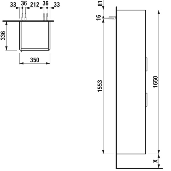 Laufen BASE шкаф высокий 350x335x1650 мм, 2 дверцы, петли справа, 1 ящик, 4 стекл. полки,  белый глянцевый 