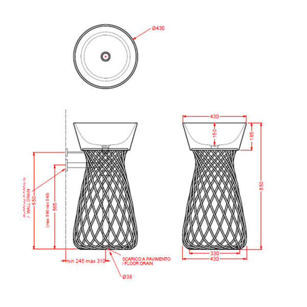 Artceram WIRE  Раковина для структуры d43 см,без отв под смеситель, цвет черный глянцевый (Не произв!) 
