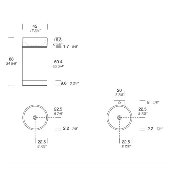 NOORTH milldue edition ROMA II Раковина напольная Ø450x880 мм., слив в пол, основ Rovere nero, корп Mezza Fiamma, вставка Platino, раков Bianco opaco 