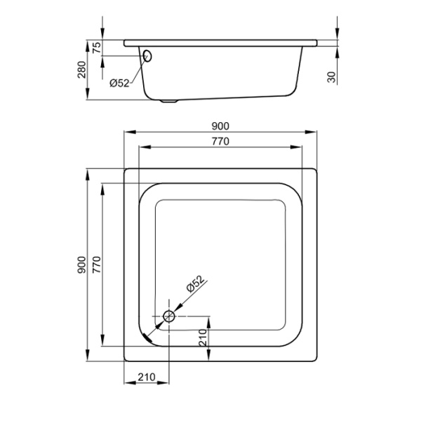 BETTE Delta Душевой поддон квадратный 90х90хh2,8 см, D52 мм,  цвет белый (без шумоизоляции) 