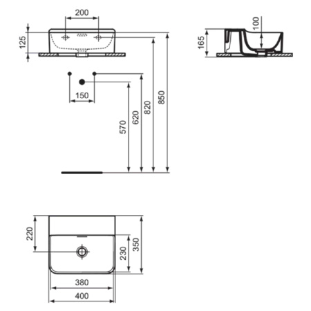 Ideal Standard Conca Раковина 400 x 350 x 165 мм, подвесная/накладная, с переливом без отв. под смес.,без крепежа, цвет: белый глянец 