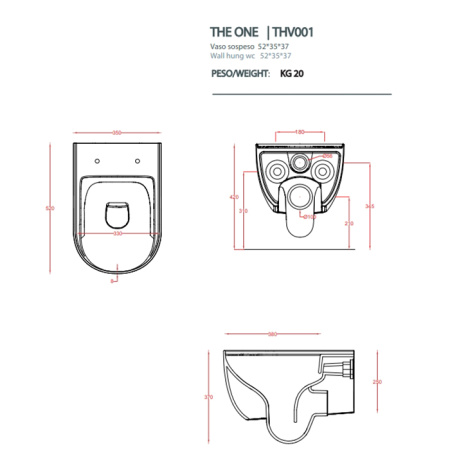 Artceram THE ONE Унитаз подвесной безободковый , 52х35, с креплениями, цвет rosso corallo (Снято с пр-ва) 