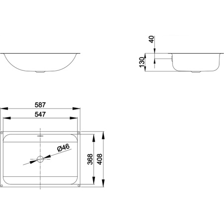 BETTEONE Раковина встраиваемая под столешницу 587х408х130 мм, с шумоизоляцией без отв.под смесит. с переливом. 