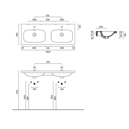 Catalano ALVEA Раковина 120x46 двойная, без отв. под смеситель, покрытие Cataglaze+, цвет белый глянцевый 